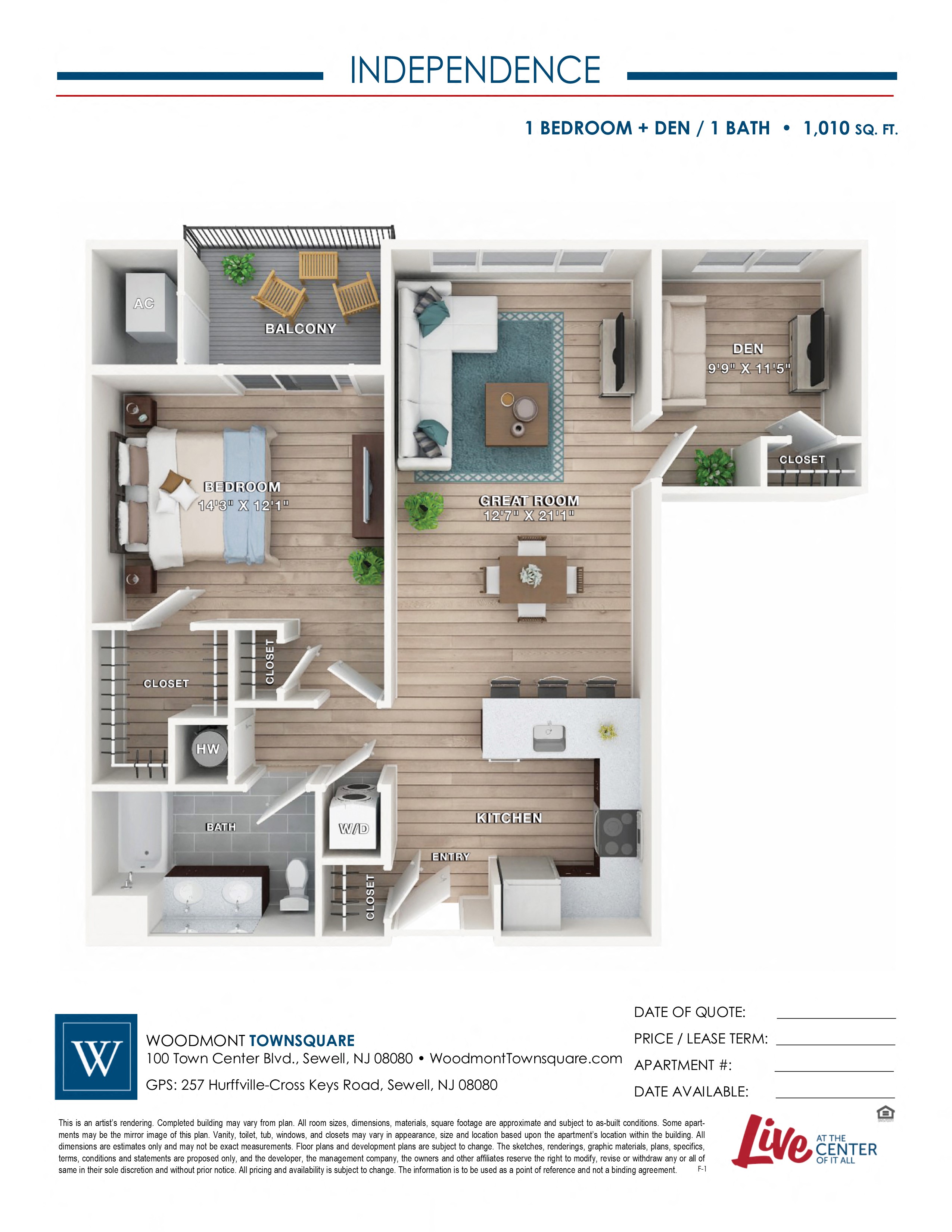 Floor plan for 1 bed, 1 bath, 1010 sqft